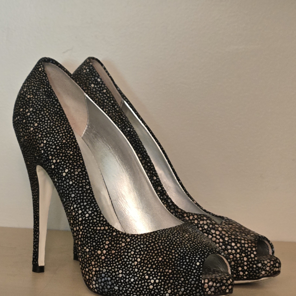 Rene Caovilla Black and Silver Peep Toe Heels